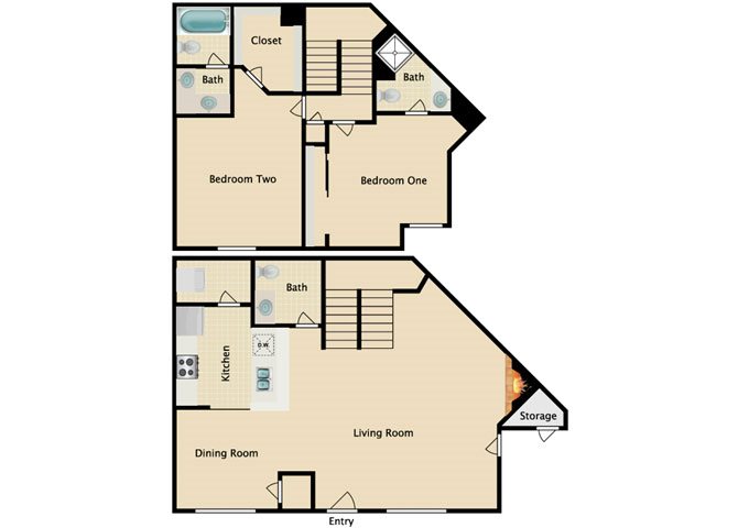 2 bedroom 2 bathroom townhome floor plan at Riverview Park Apartments in Mesa, AZ